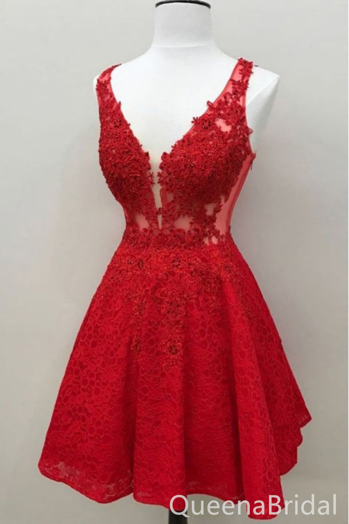 Red Lace Appliques Plunging A-line Graduation Party Short Homecoming Dresses, QB0794