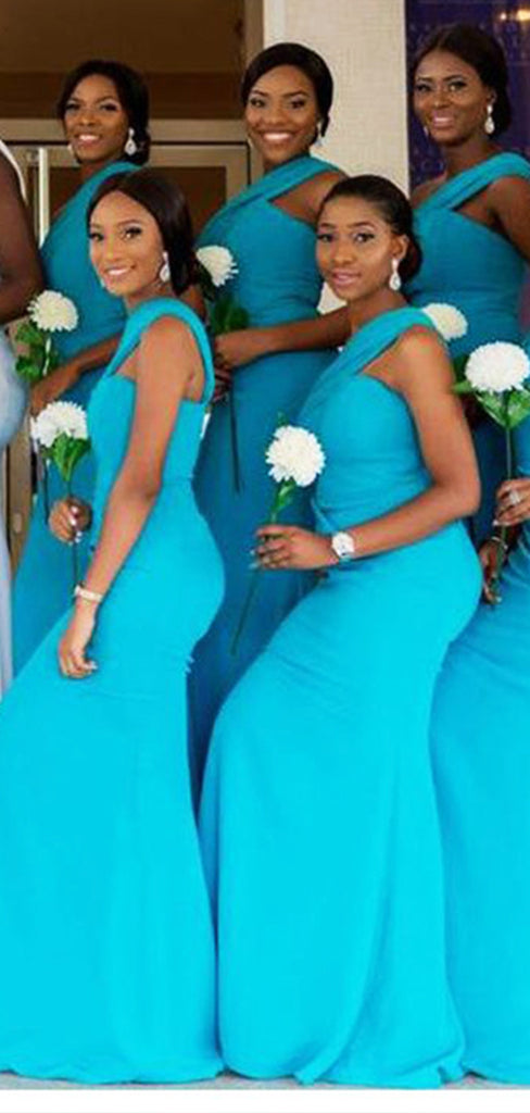 Elegant Blue One Shoulder Simple Cheap Mermaid Long Bridesmaid Dresses, BDS0216