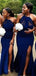 Sexy Halter Dark Blue Illusion Side Slit Mermaid Long Cheap Bridesmaid Dresses,BDS0165