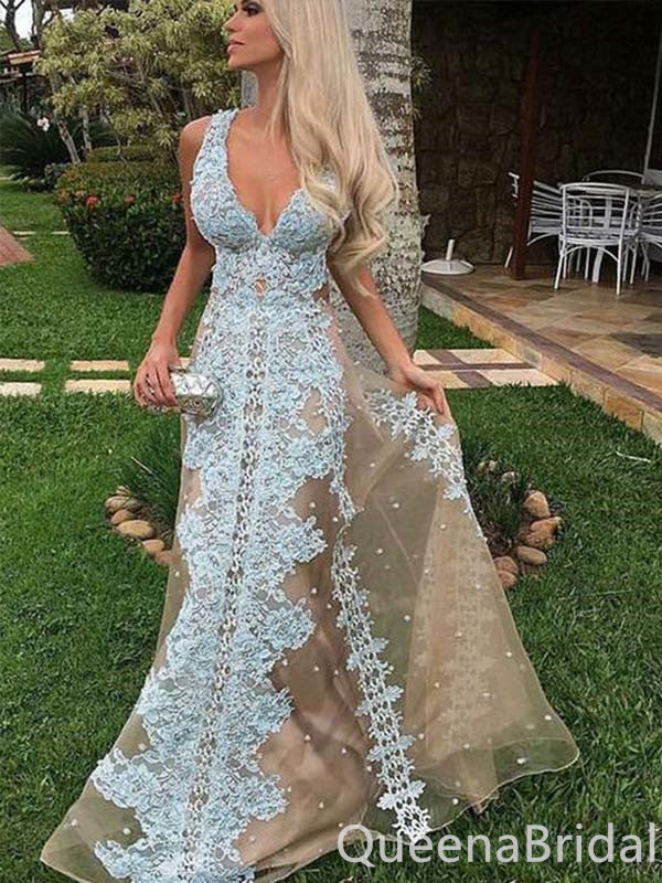 Sexy Elegant Plunging Lace Appliques A-line Evening Gown Maxi Long Formal Dresses Prom Dresses ,WGP840