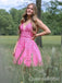 Elegant Pink Spaghetti Straps Appliques Lace V Neck Short Homecoming Dresses,QB0389