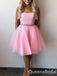 Cute Pink Beading Strapless Tulle  Straight Neck A-line Short Homecoming Dresses with Pleats, QB0574