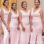 Elegant Simple Pink Side Slit V-neck Long Bridesmaid Dresses , BDS0176