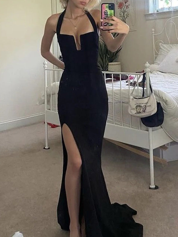 Sexy Black Mermaid Side Slit Maxi Long Party Prom Dresses,Evening Dresses,WGP392