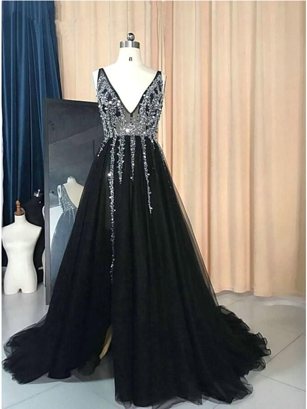 Sexy Black A-line V-neck Maxi Long Party Prom Dresses, Wedding Party Dresses,WGP292