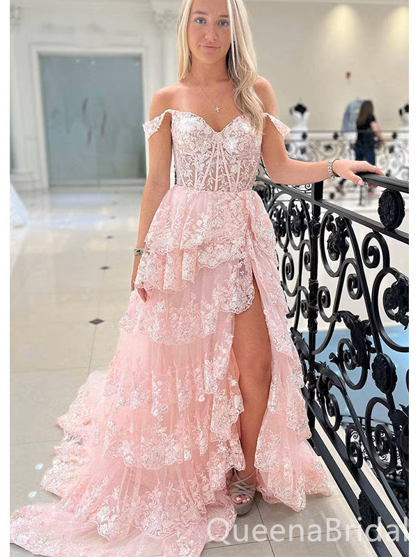 Elegant Pink Off Shoulder A-line Sequins Ruffles Side Slit Lace Up Back Long Prom Dresses,WGP412