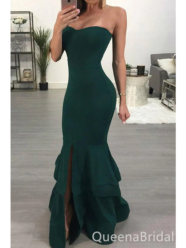 Dark Green Mermaid Strapless With Split Maxi Long Party Prom Dresses,WGP326