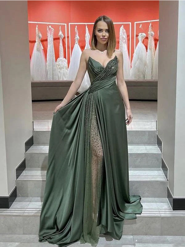 Sexy Green A-line Side Slit Strapless Party Prom Dresses,Evening Dresses,WGP366