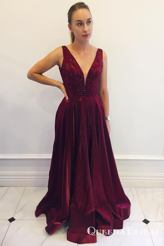 Charming V-neck Long Cheap Burgundy Prom Dresses with Beaded, QB0762