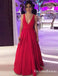 A-Line Deep V-Neck Long Backless Red Satin Prom Dresses with Bow, QB0574