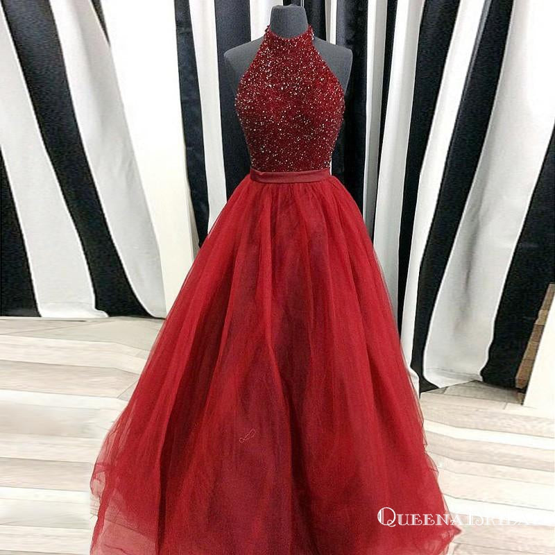 A-Line Halter Long Backless Burgundy Tulle Prom Dresses with Beading, QB0548