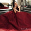 A-Line Halter Long Backless Burgundy Tulle Prom Dresses with Beading, QB0548