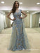 Sheath Illusion  Cap Sleeve Blue Tulle Prom Dresses with Appliques, QB0577