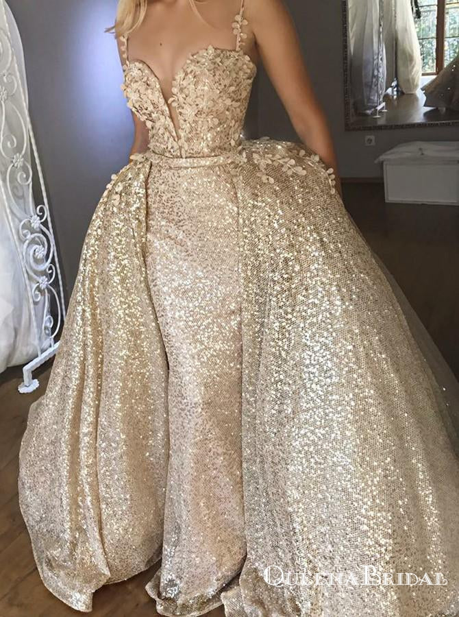 Mermaid Light Champagne Sequined Appliques Prom Dresses, QB0538