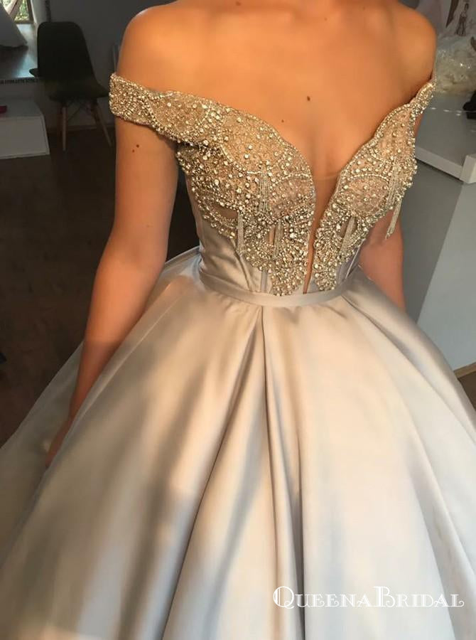 Ball Gown Off-the-Shoulder Light Grey Satin Prom Dresses with Beading, QB0537