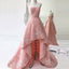 A-Line Strapless Asymmetry Pink Lace Prom Dresses with Appliques, QB0246