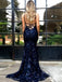 2019 Sparkly Backless Navy Sequin Mermaid Long Evening Prom Dresses, QB0450