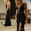 Sexy Mermaid V-Neck Long Black Prom Dresses with Beaded&Slit, QB0513