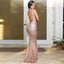 Mermaid Jewel Open Back Sweep Train Rose Gold Sequined Prom Dresses, QB0241