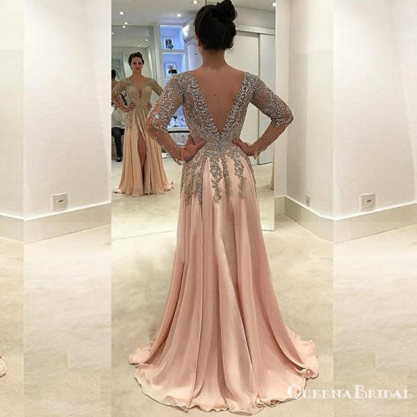 Sexy V-Neck Long Sleeve Light Chiffon Prom Dresses with Appliques Beading, QB0232