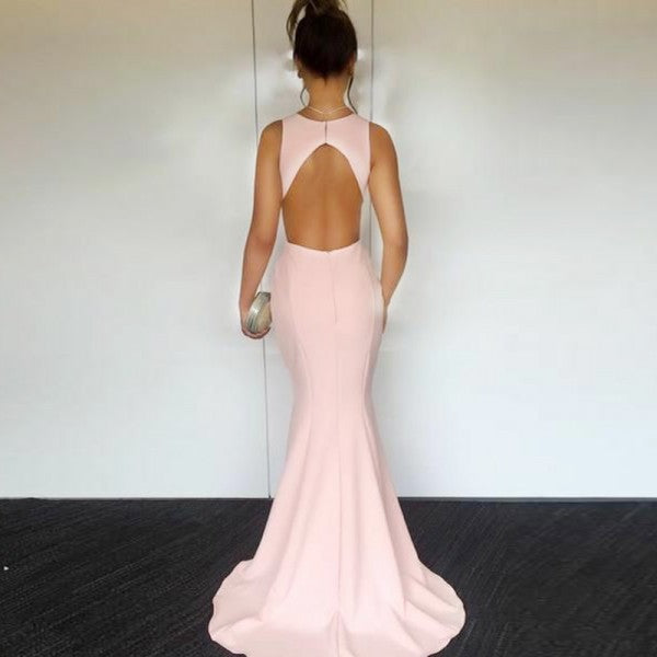 Mermaid Round Neck Sleeveless Open Back Pink Satin Prom Dresses, QB0239