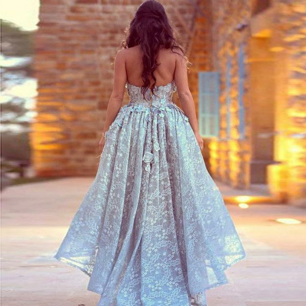 A-Line Sweetheart High Low Light Blue Lace Prom Dresses with Appliques Beading, QB0247