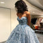 A-Line Sweetheart High Low Light Blue Lace Prom Dresses with Appliques Beading, QB0247