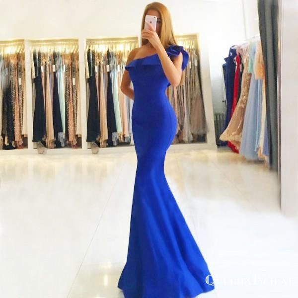 Mermaid One Shoulder Floor-Length Royal Blue Satin Prom Dresses with Ruffles, QB0254