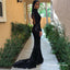 Mermaid High Neck Open Back Sweep Train Black Sequined Prom Dresses, QB0242