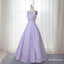 A-Line Bateau Sleeveless Long Cheap Lilac Floral Satin Prom Dresses, QB0590