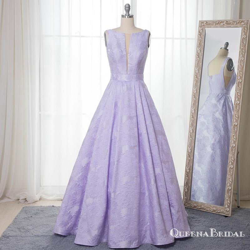 A-Line Bateau Sleeveless Long Cheap Lilac Floral Satin Prom Dresses, QB0590