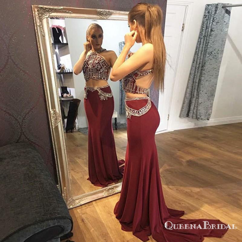 Two Piece Halter Open Back Long Burgundy Prom Dresses with Beading, QB0499