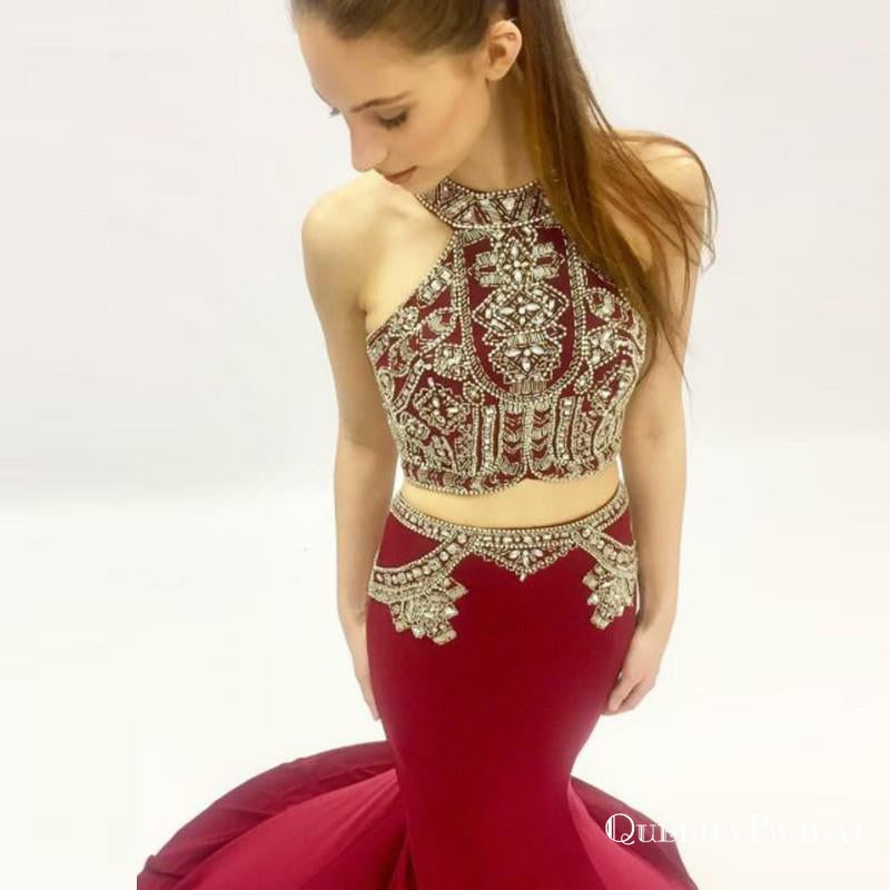 Two Piece Halter Open Back Long Burgundy Prom Dresses with Beading, QB0499