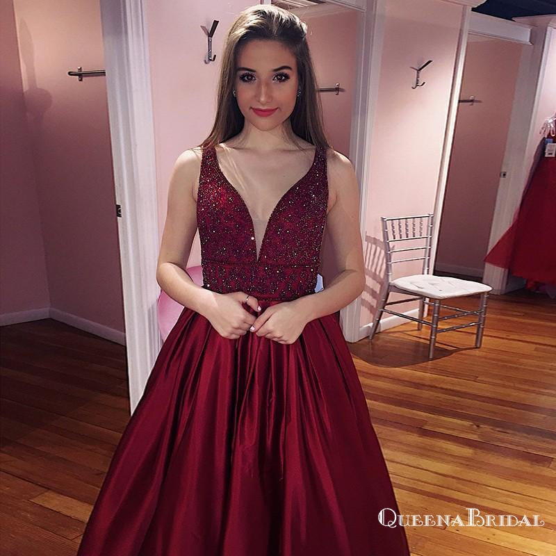 A-Line V-Neck Long Burgundy Satin Prom Dresses with Beading Pockets, QB0550