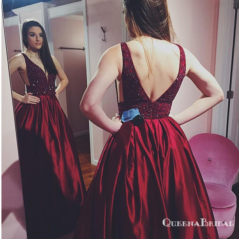 A-Line V-Neck Long Burgundy Satin Prom Dresses with Beading Pockets, QB0550