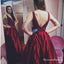 A-Line V-Neck Long Burgundy Satin Prom Dresses with Beading Pockets, QB0550