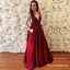 A-Line V-Neck Long Burgundy Satin Prom Dresses with Beading Pockets, QB0550