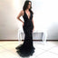 Mermaid Deep V-Neck Open Back Black Prom Dresses with Beading, QB0509