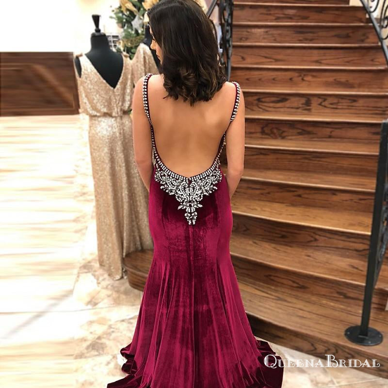 Mermaid Spaghetti Straps Backless Burgundy Prom Dresses with Beading, QB0526