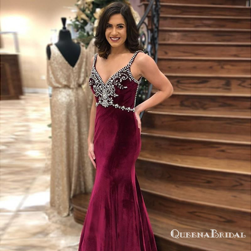 Mermaid Spaghetti Straps Backless Burgundy Prom Dresses with Beading, QB0526