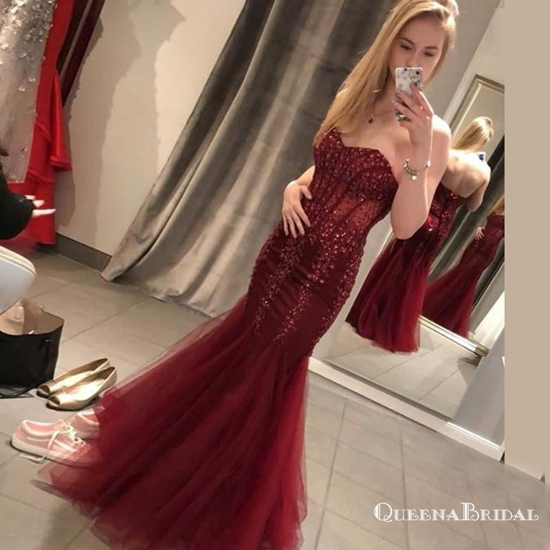 Charming Mermaid Sweetheart Long Burgundy Prom Dresses with Appliques, QB0527