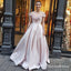 A-Line Off-the-Shoulder Long Blush Pink Satin Prom Dresses with Feather, QB0530