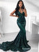 Green Mermaid Long Cheap V-Neck Green Sequined Prom Dresses, QB0555