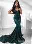 Green Mermaid Long Cheap V-Neck Green Sequined Prom Dresses, QB0555