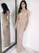 Sheath Round Neck Light Champagne Prom Dresses with Sequins, QB0559