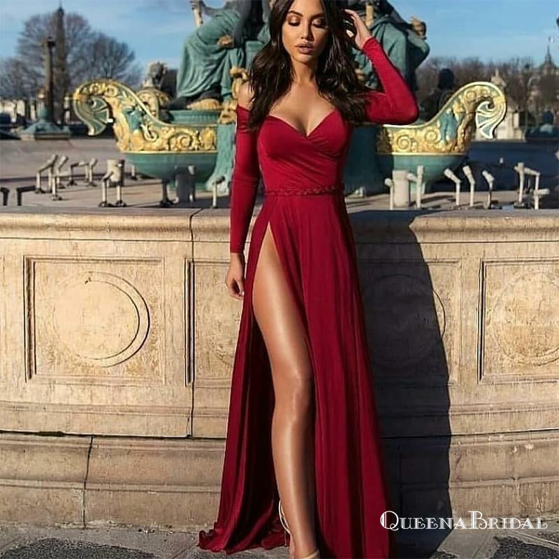 Sexy Off-Shoulder Long Sleeves Long Burgundy Prom Dresses with Split, QB0505