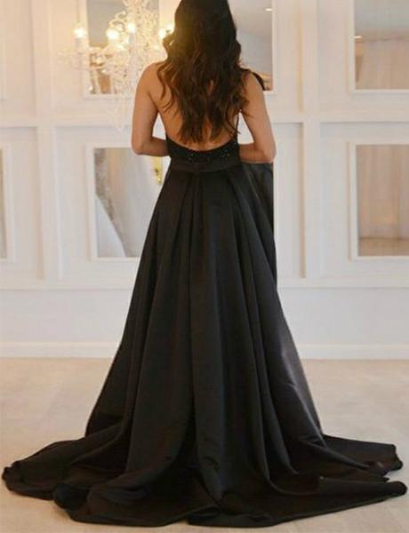 Sexy A-Line Deep V Neck Backless Black Satin Long with Beaded Slit Prom Dresses, QB0563