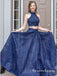 Two Piece Halter Neck Sleeveless Blue Long Prom Dresses with Lace, QB0732