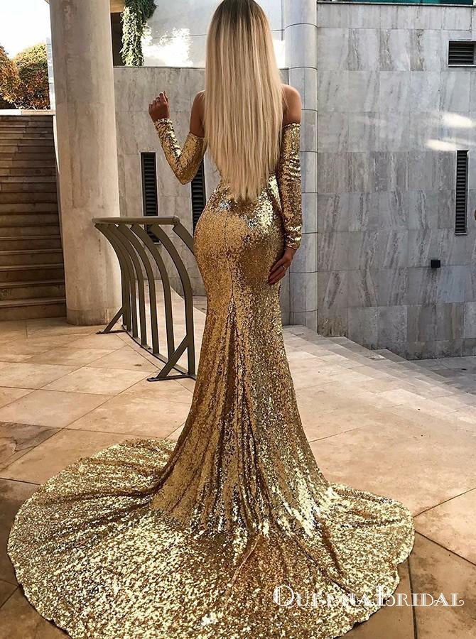 Mermaid Off Shoulder Long Sleeves Gold  Evening Prom Dresses, QB0540