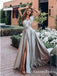 A-Line V-Neck Long Cheap Grey Prom Dresses with Ruched Split, QB0794